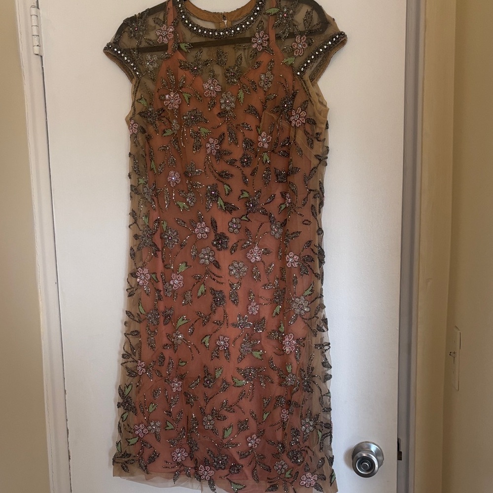 Stunning Vintage handmade Peach Floral with Sheer Beaded Overlay - Picture 4 of 16